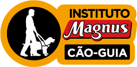 Logo do Instituto Magnus Cão-Guia. À esquerda, ilustração de um homem com um cão. Ao lado, o nome do Instituto.